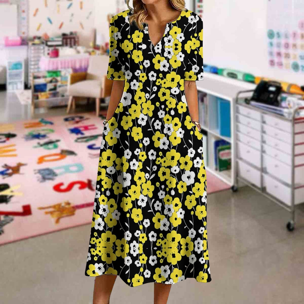 Boho Yellow Black Floral Dress