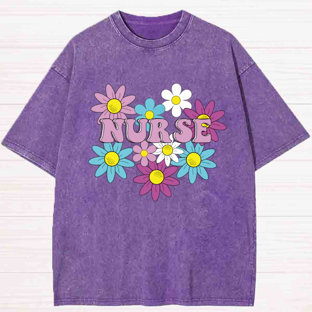 Floral Nurse Printed Washed T-Shirt