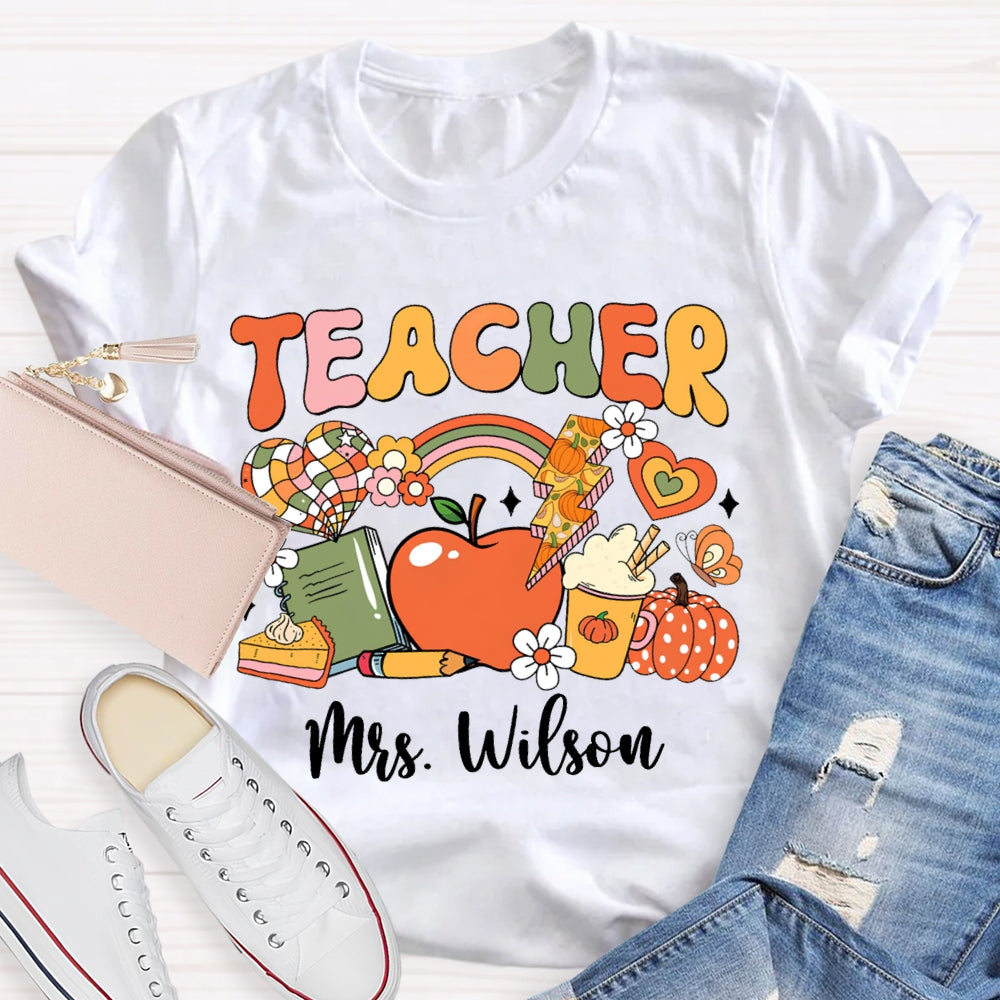 Personalized Name Colorful Fonts Small Flowers And Pumpkins Halloween T-shirt
