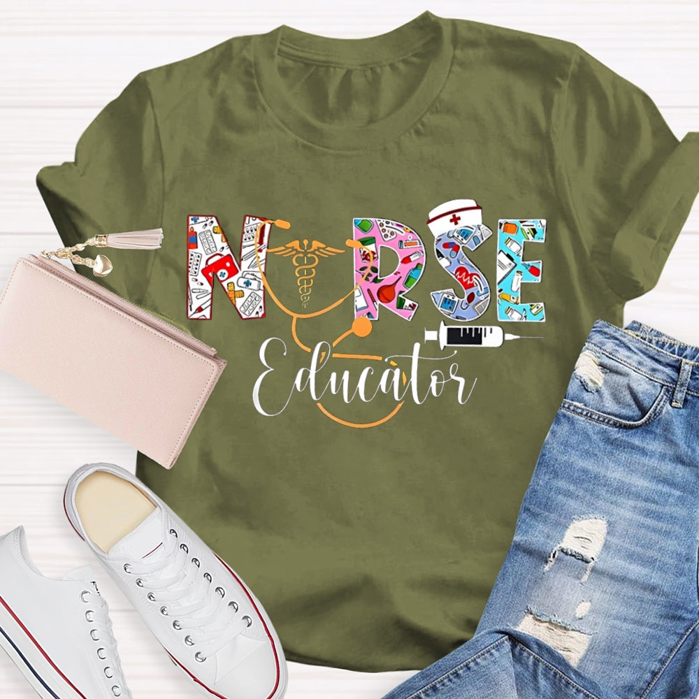 School Nurse Educator Colorful Font Printing T-shirt