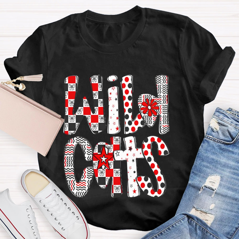 Personalized School Mascot Wild Cats Colorful Polka Dot Font T-shirt