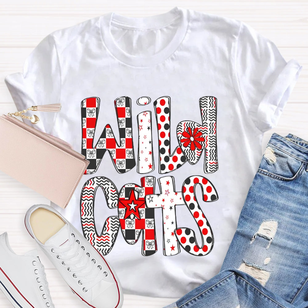 Personalized School Mascot Wild Cats Colorful Polka Dot Font T-shirt