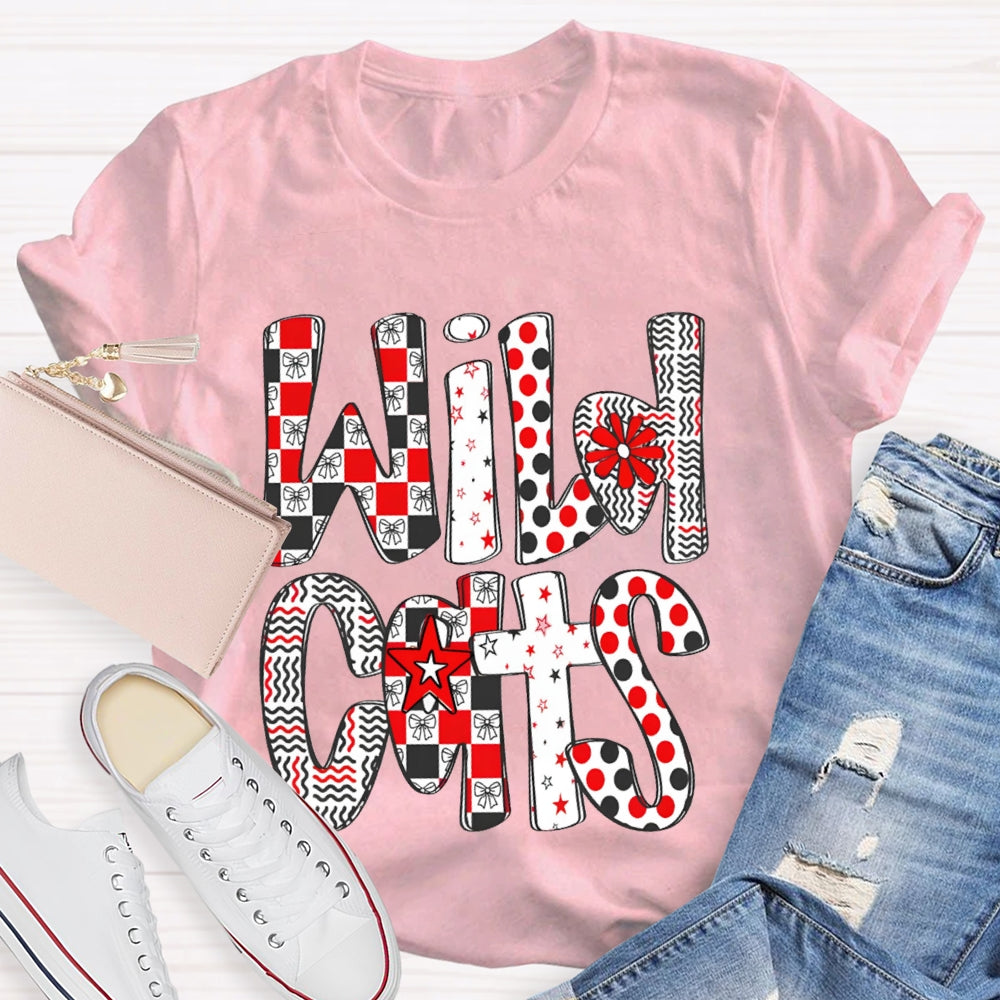 Personalized School Mascot Wild Cats Colorful Polka Dot Font T-shirt