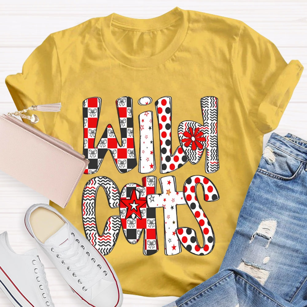 Personalized School Mascot Wild Cats Colorful Polka Dot Font T-shirt