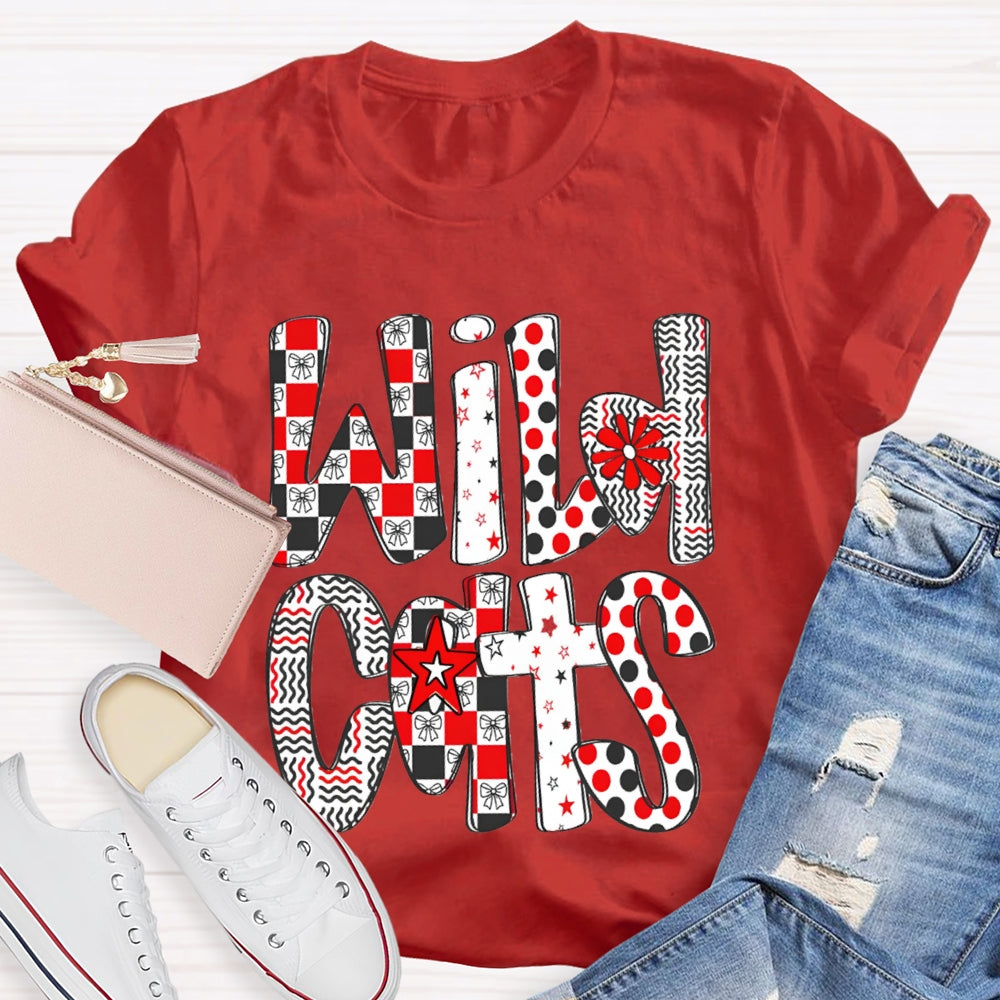 Personalized School Mascot Wild Cats Colorful Polka Dot Font T-shirt