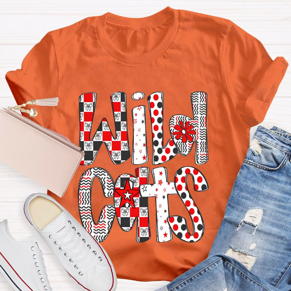 Personalized School Mascot Wild Cats Colorful Polka Dot Font T-shirt