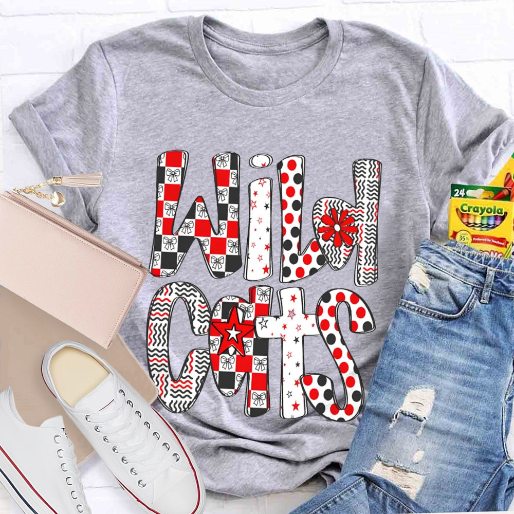 Personalized School Mascot Wild Cats Colorful Polka Dot Font T-shirt
