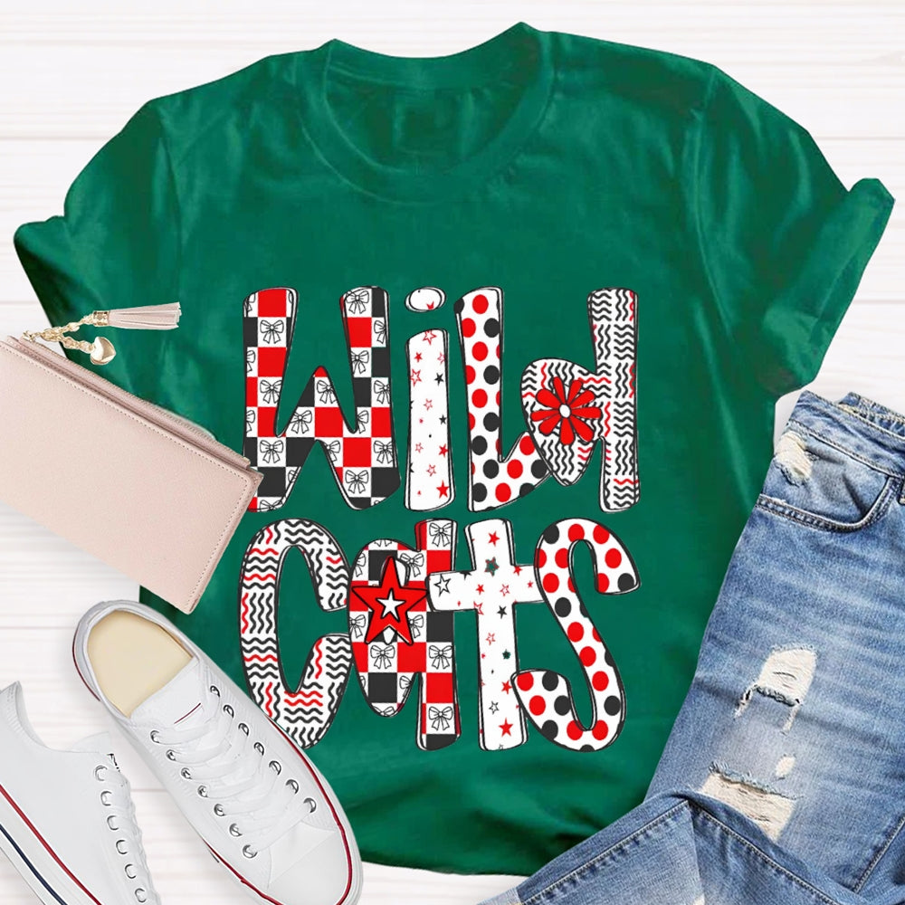 Personalized School Mascot Wild Cats Colorful Polka Dot Font T-shirt