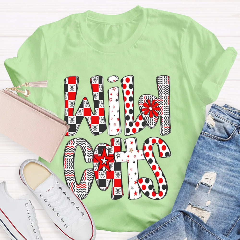 Personalized School Mascot Wild Cats Colorful Polka Dot Font T-shirt