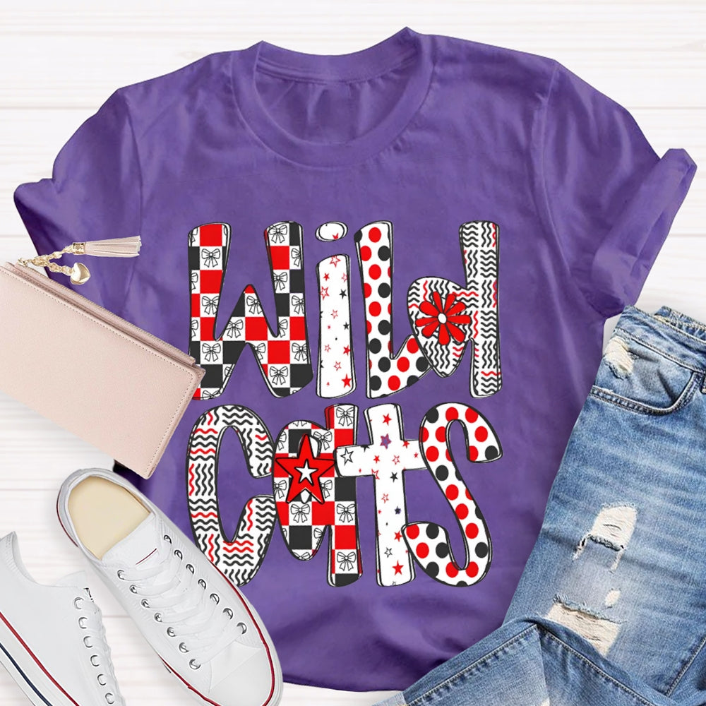 Personalized School Mascot Wild Cats Colorful Polka Dot Font T-shirt