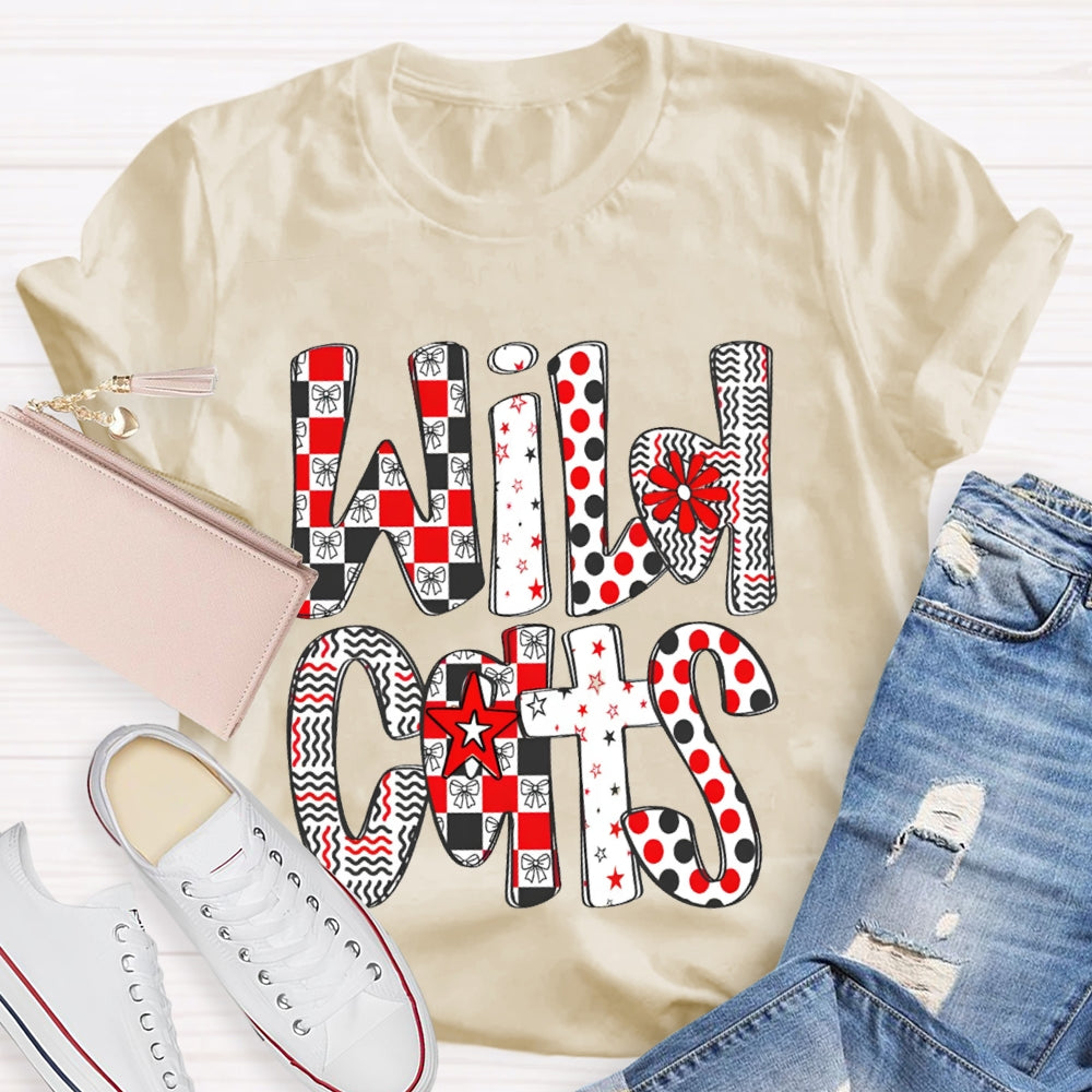 Personalized School Mascot Wild Cats Colorful Polka Dot Font T-shirt