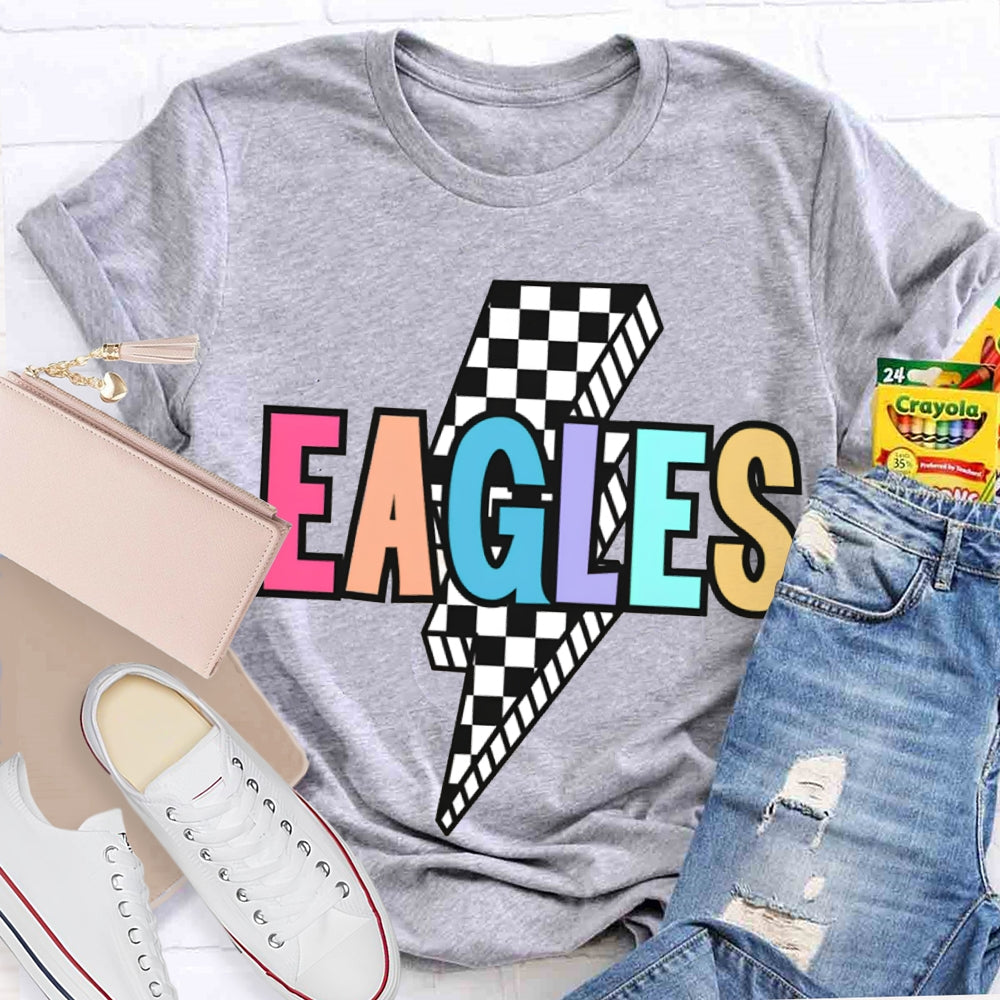 Personalized School Mascot Eagles Small Checkered Lightning Print T-shirt
