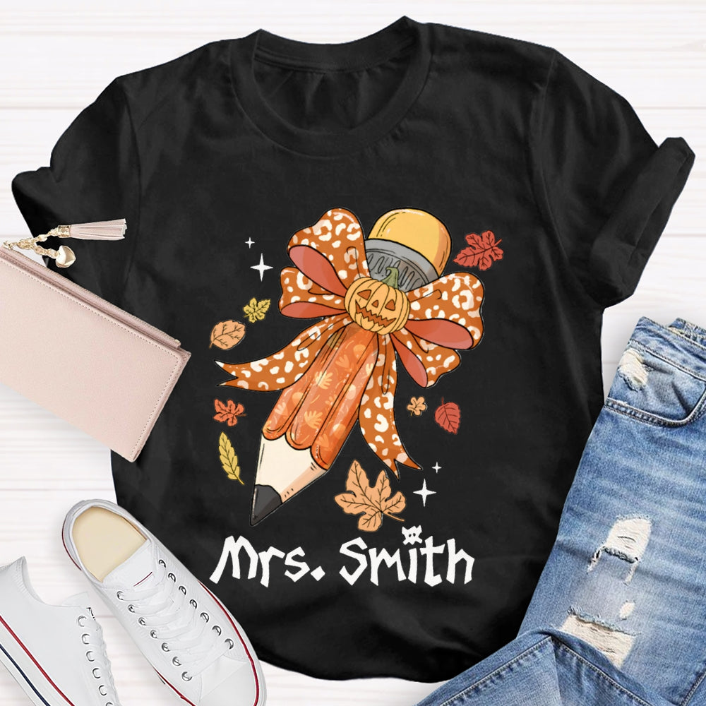 Personalized Name Pumpkin Bow Pencil And Maple Leaves Halloween T-shirt