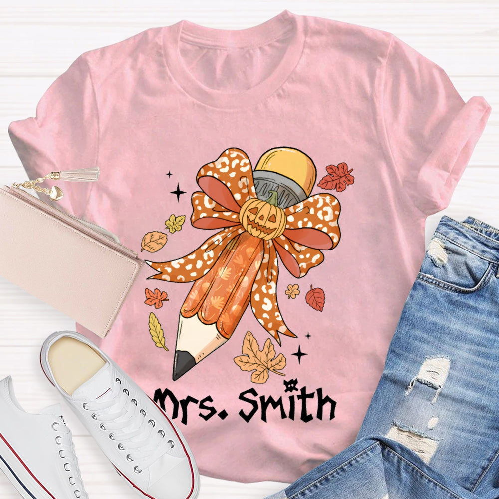 Personalized Name Pumpkin Bow Pencil And Maple Leaves Halloween T-shirt