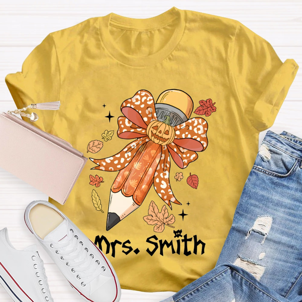 Personalized Name Pumpkin Bow Pencil And Maple Leaves Halloween T-shirt