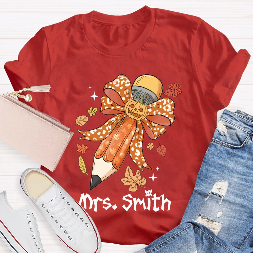 Personalized Name Pumpkin Bow Pencil And Maple Leaves Halloween T-shirt