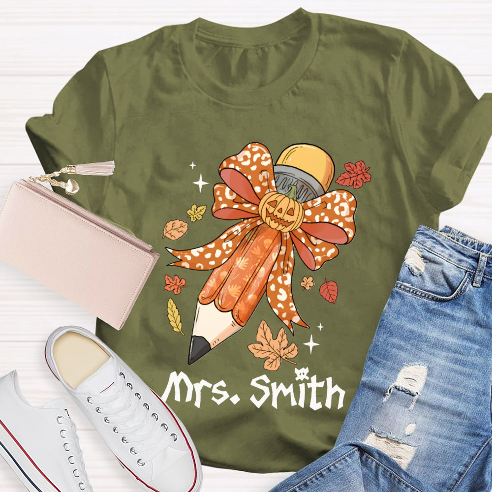 Personalized Name Pumpkin Bow Pencil And Maple Leaves Halloween T-shirt