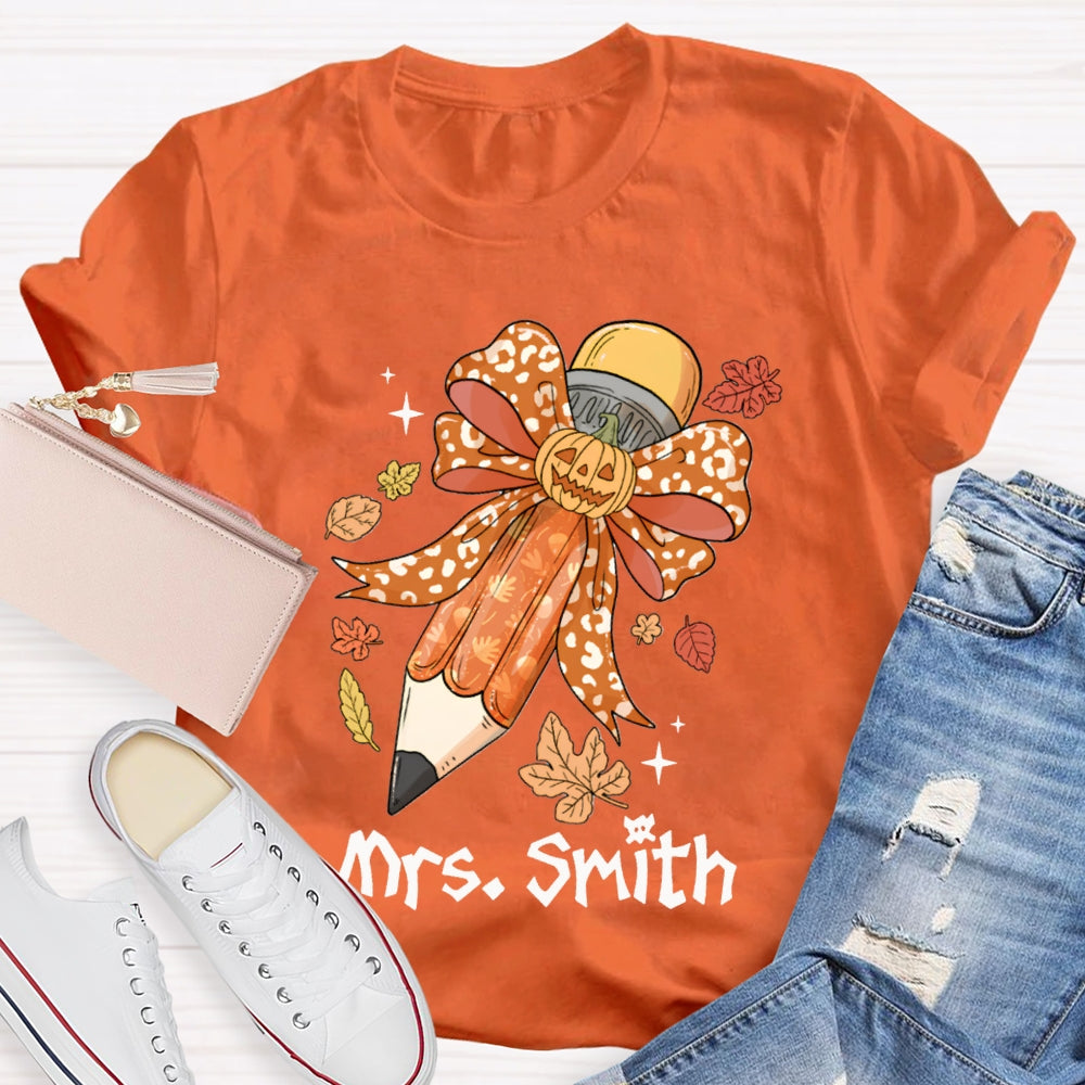 Personalized Name Pumpkin Bow Pencil And Maple Leaves Halloween T-shirt
