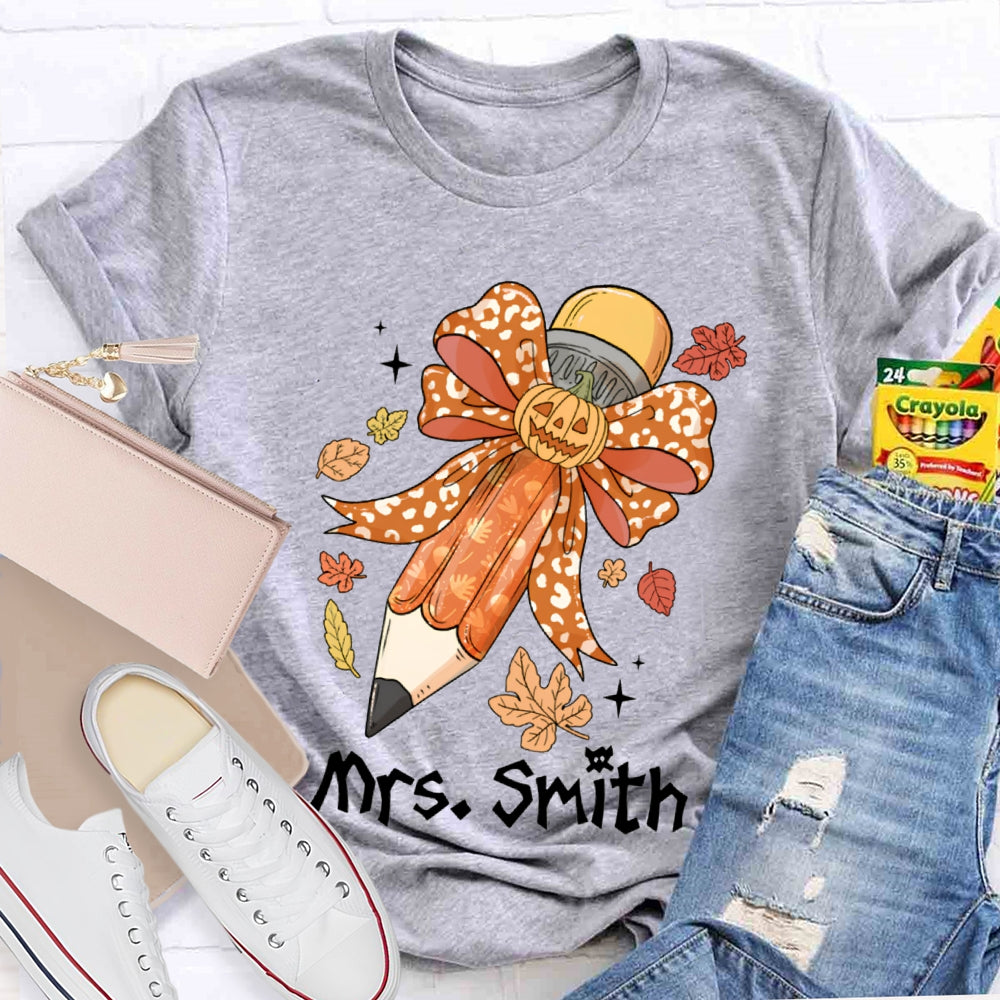 Personalized Name Pumpkin Bow Pencil And Maple Leaves Halloween T-shirt