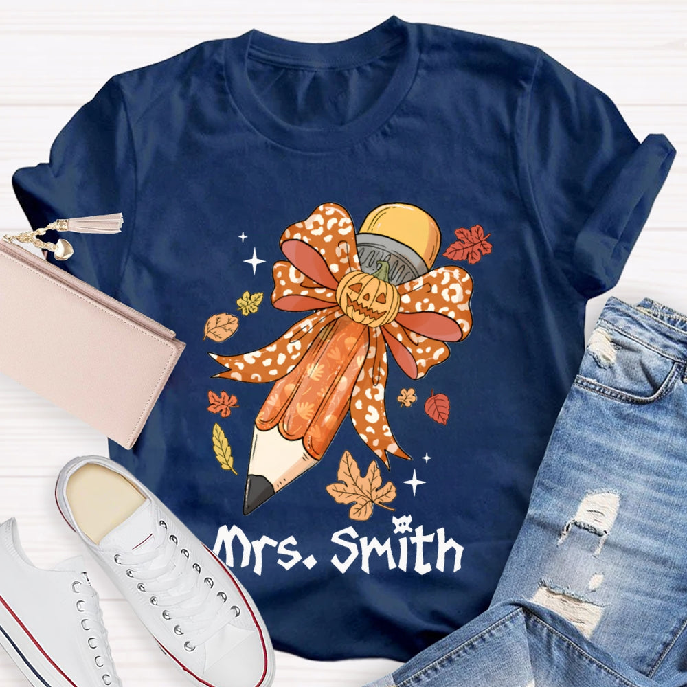 Personalized Name Pumpkin Bow Pencil And Maple Leaves Halloween T-shirt