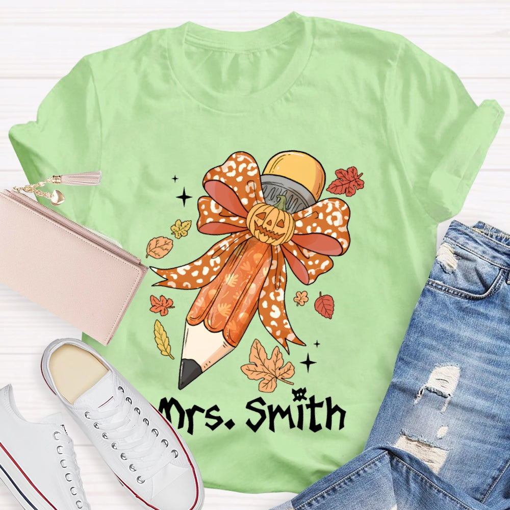 Personalized Name Pumpkin Bow Pencil And Maple Leaves Halloween T-shirt
