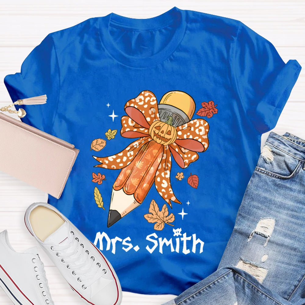 Personalized Name Pumpkin Bow Pencil And Maple Leaves Halloween T-shirt