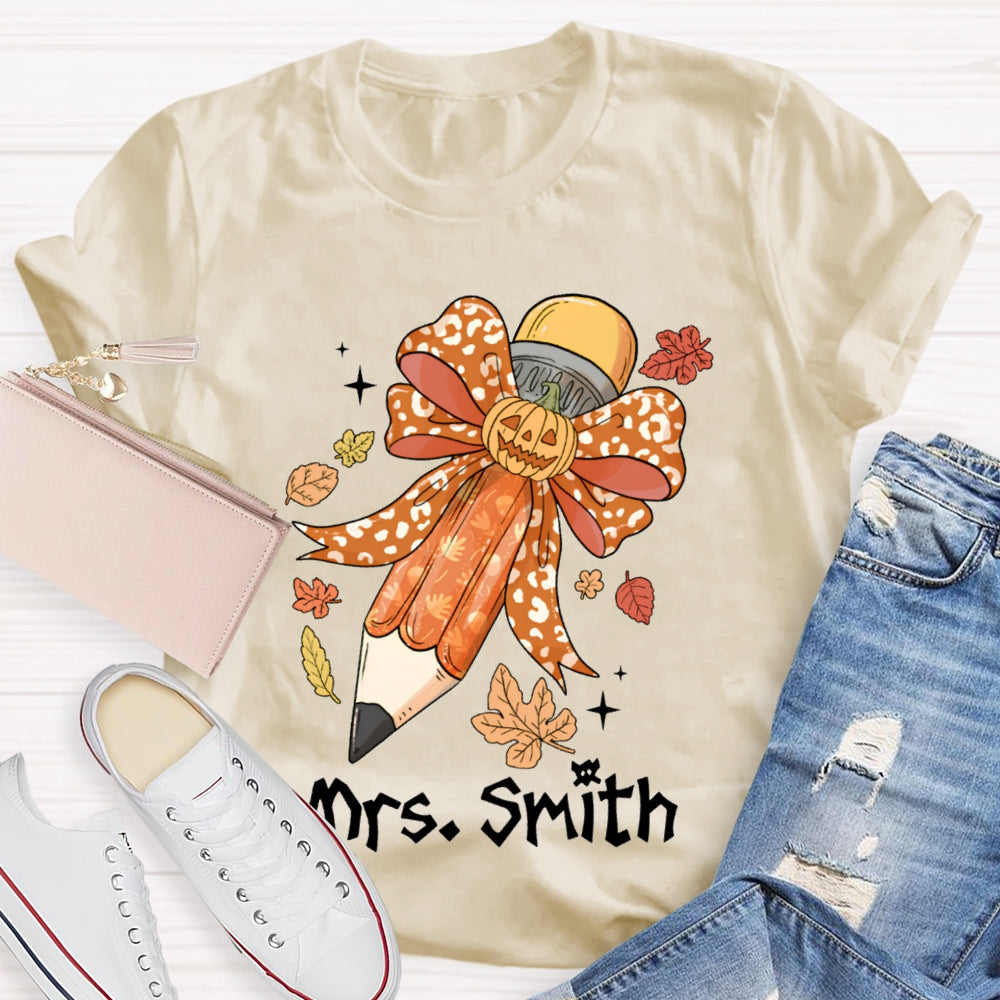 Personalized Name Pumpkin Bow Pencil And Maple Leaves Halloween T-shirt