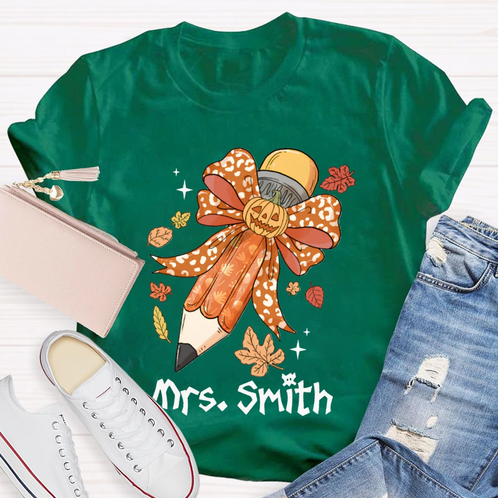 Personalized Name Pumpkin Bow Pencil And Maple Leaves Halloween T-shirt