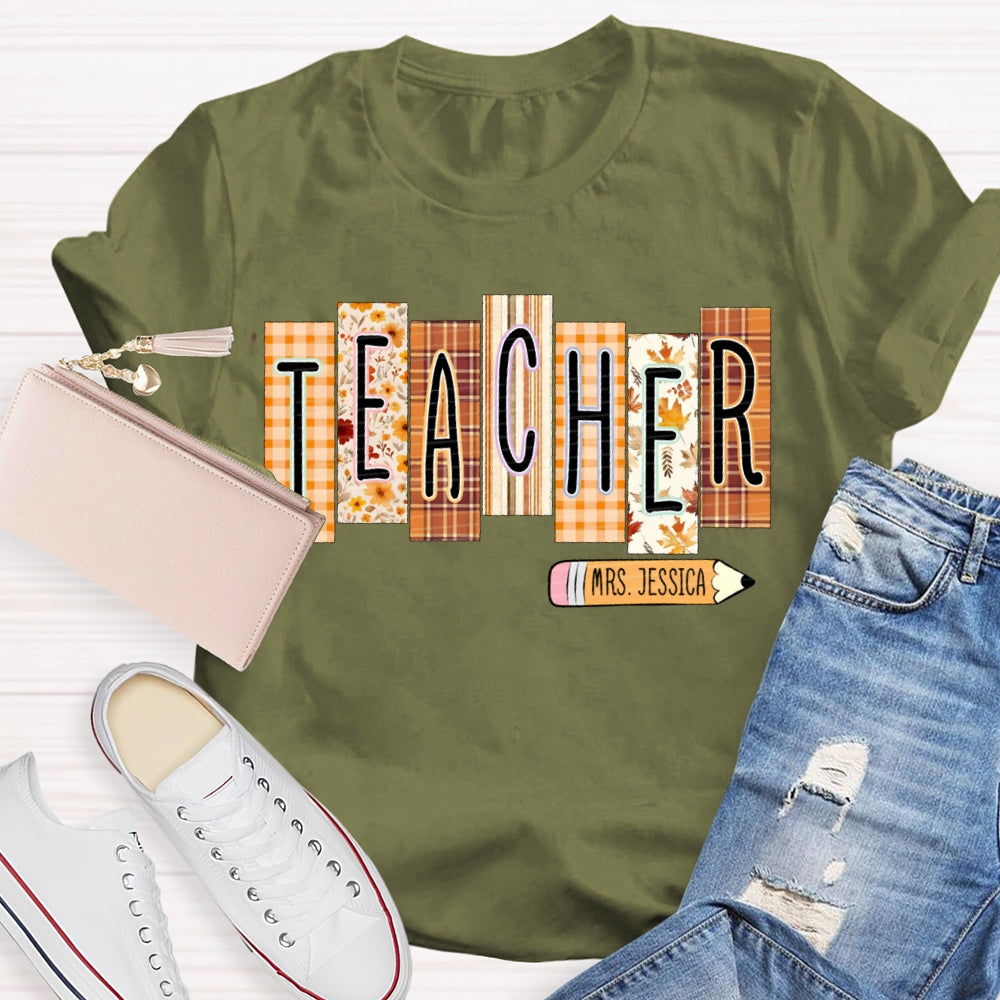Personalized Name Colorful Small Square Pattern Teacher T-shirt
