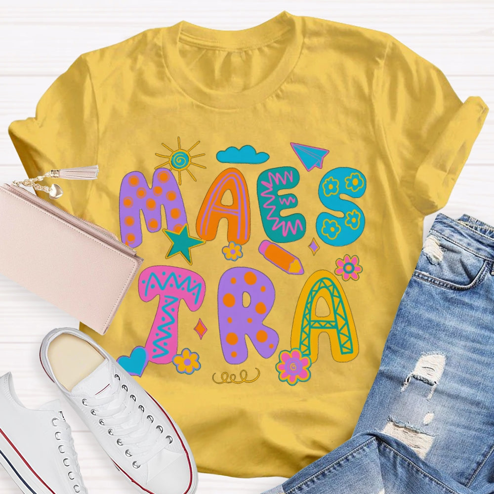 Maestra Hearts And Flowers Colorful Flower Font Bilingual Teacher T-shirt
