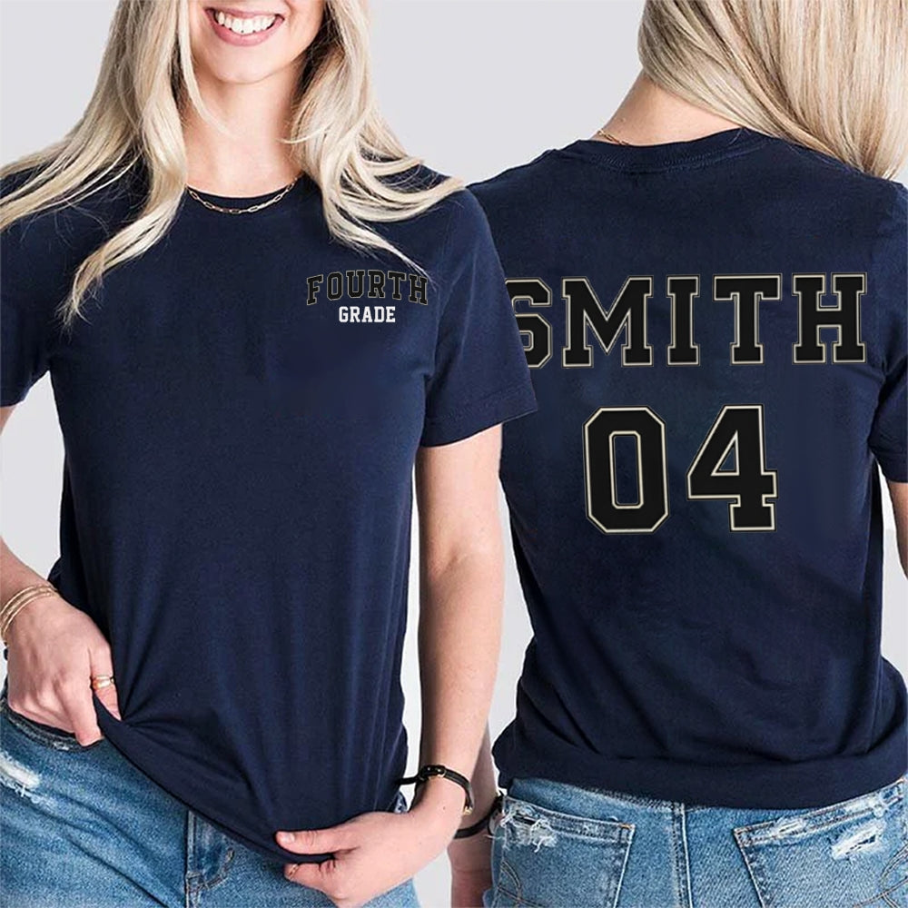 Personalized Name And Grade Fourth Grade Advanced Fonts Teacher Double Printed T-shirt