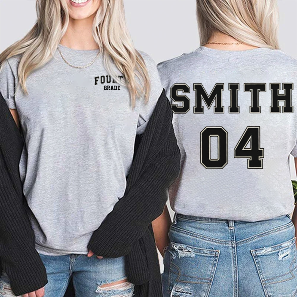 Personalized Name And Grade Fourth Grade Advanced Fonts Teacher Double Printed T-shirt