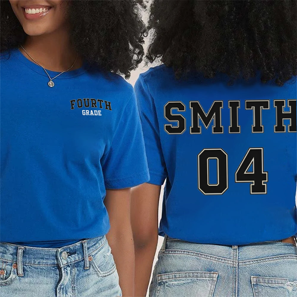 Personalized Name And Grade Fourth Grade Advanced Fonts Teacher Double Printed T-shirt
