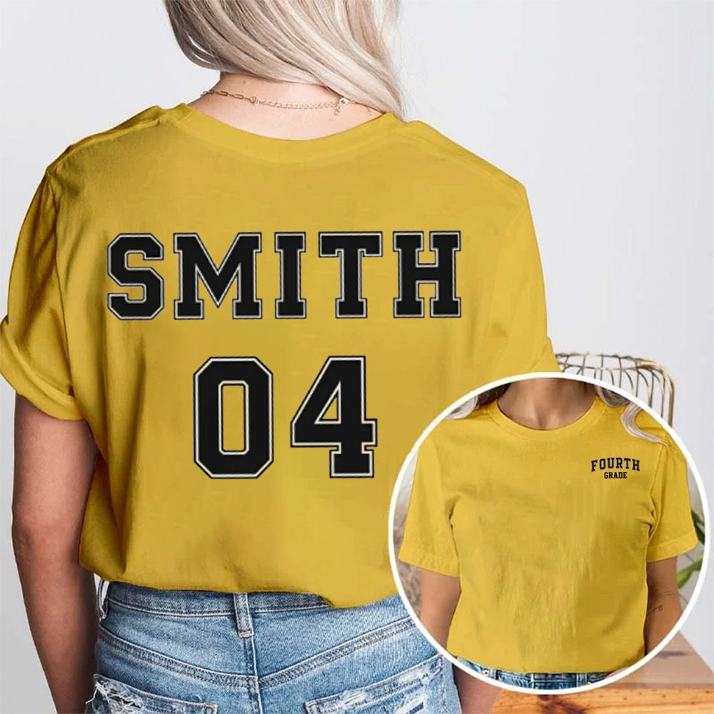Personalized Name And Grade Fourth Grade Advanced Fonts Teacher Double Printed T-shirt