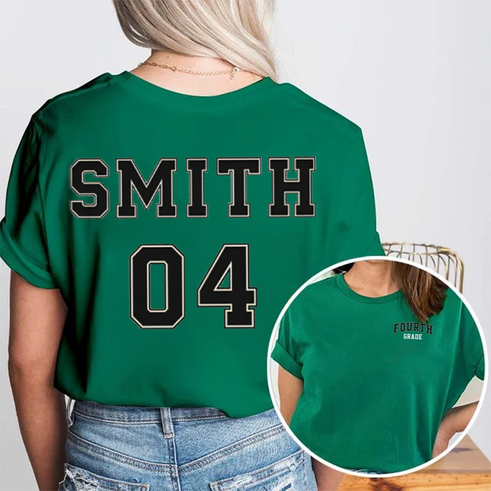 Personalized Name And Grade Fourth Grade Advanced Fonts Teacher Double Printed T-shirt