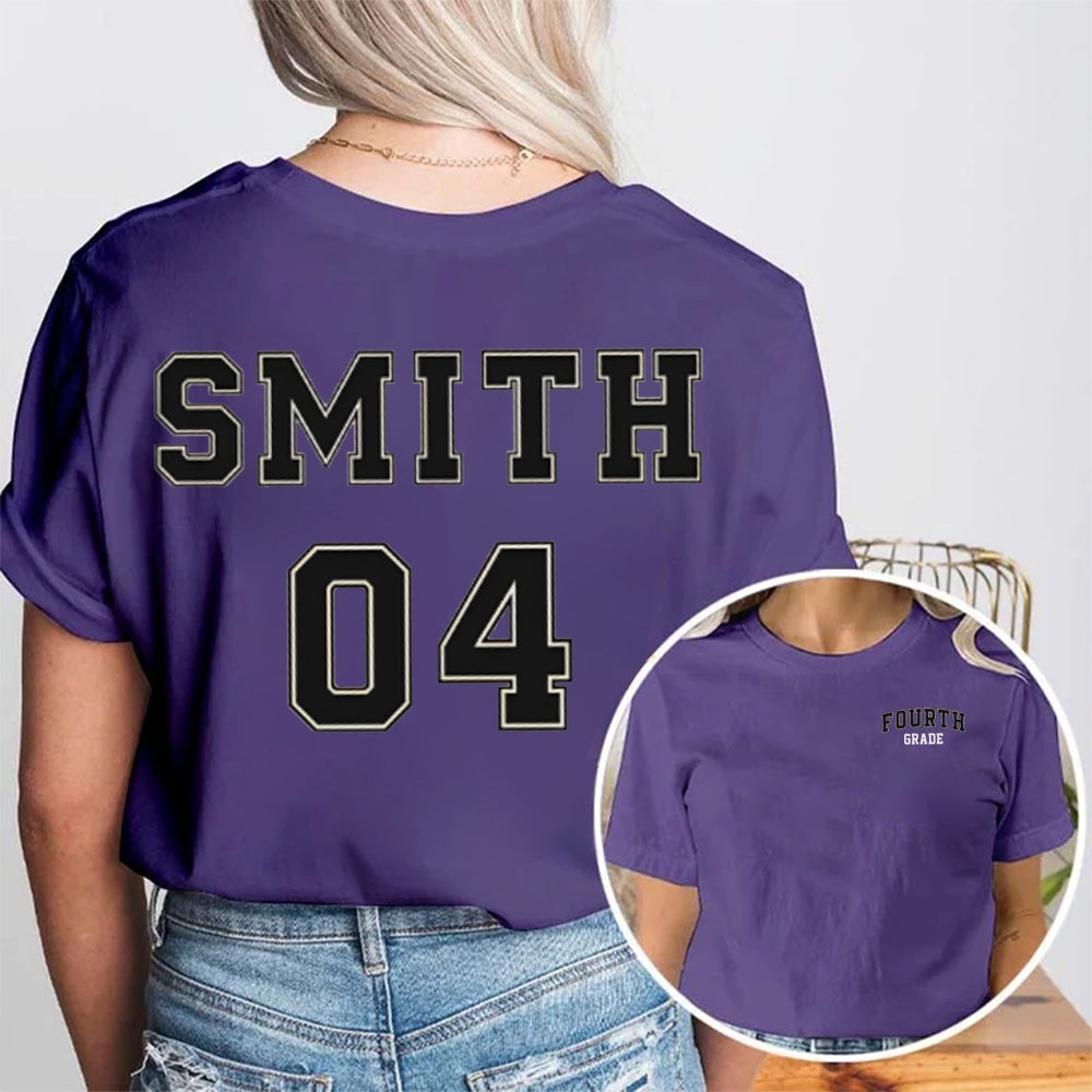 Personalized Name And Grade Fourth Grade Advanced Fonts Teacher Double Printed T-shirt