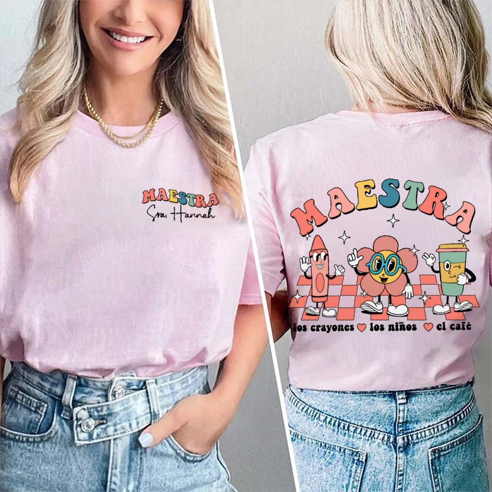 Personalized Name Maestra Funny Letters Double Printed T-shirt