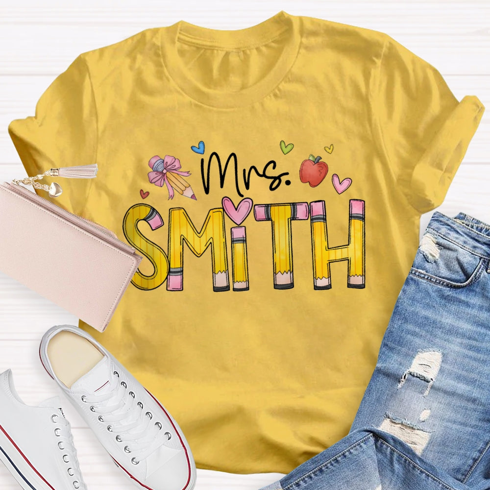Personalized Name Back To School Bow Pencil And Small Heart T-shirt