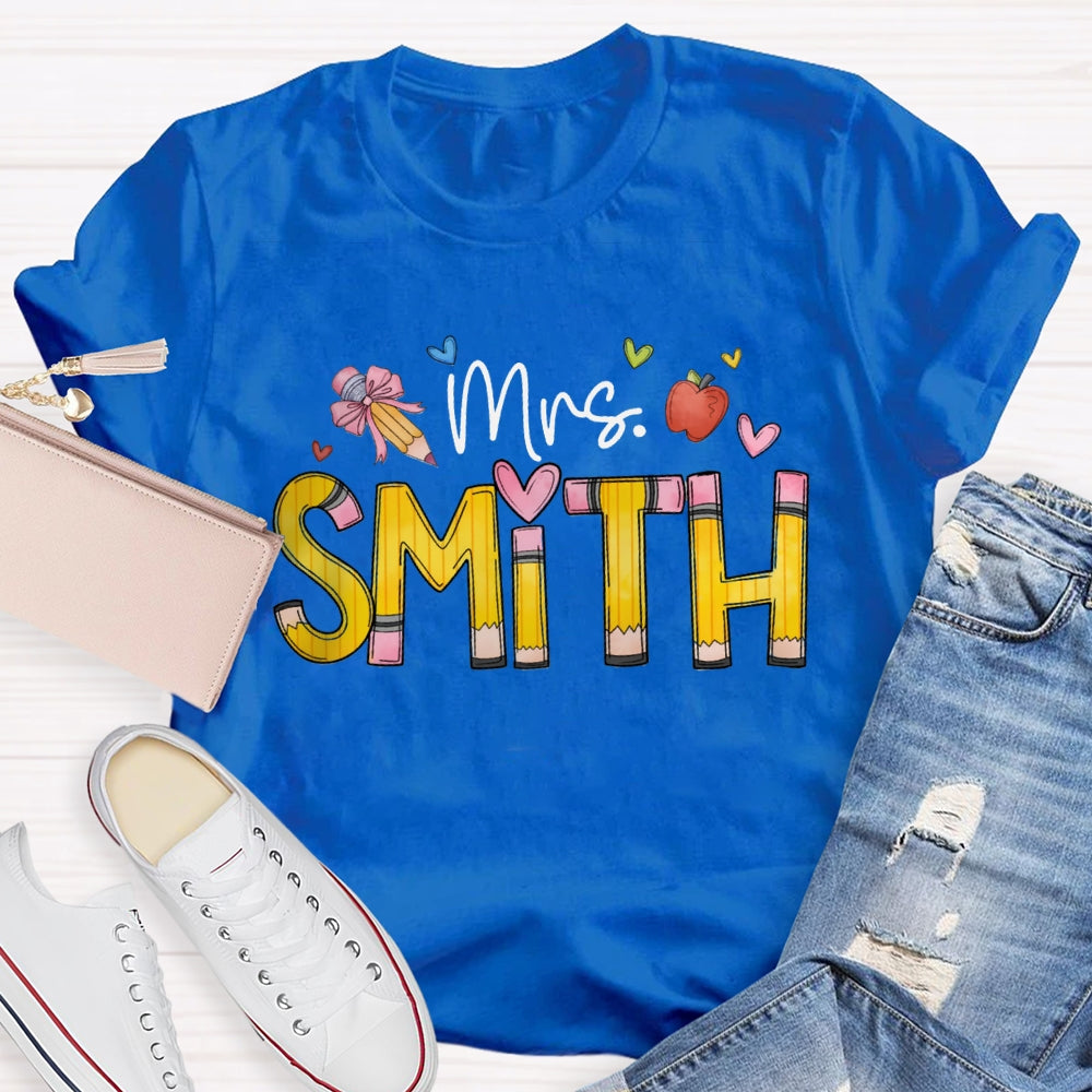 Personalized Name Back To School Bow Pencil And Small Heart T-shirt
