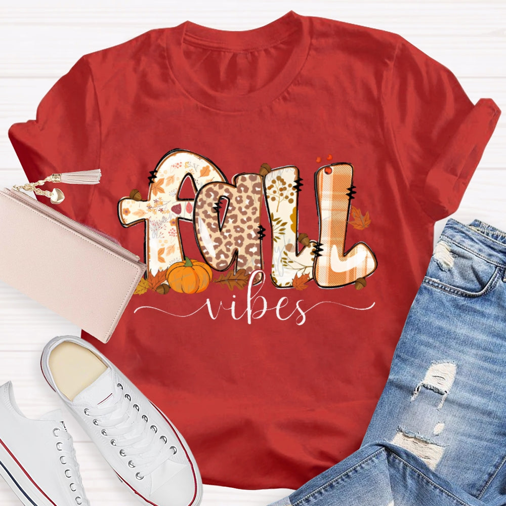 Fall Vibes Leopard Print Font And Maple Leaves T-shirt
