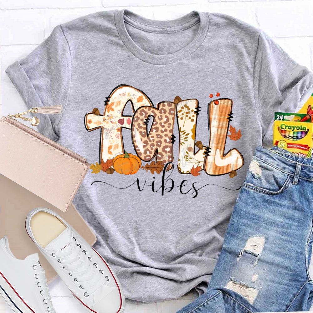 Fall Vibes Leopard Print Font And Maple Leaves T-shirt