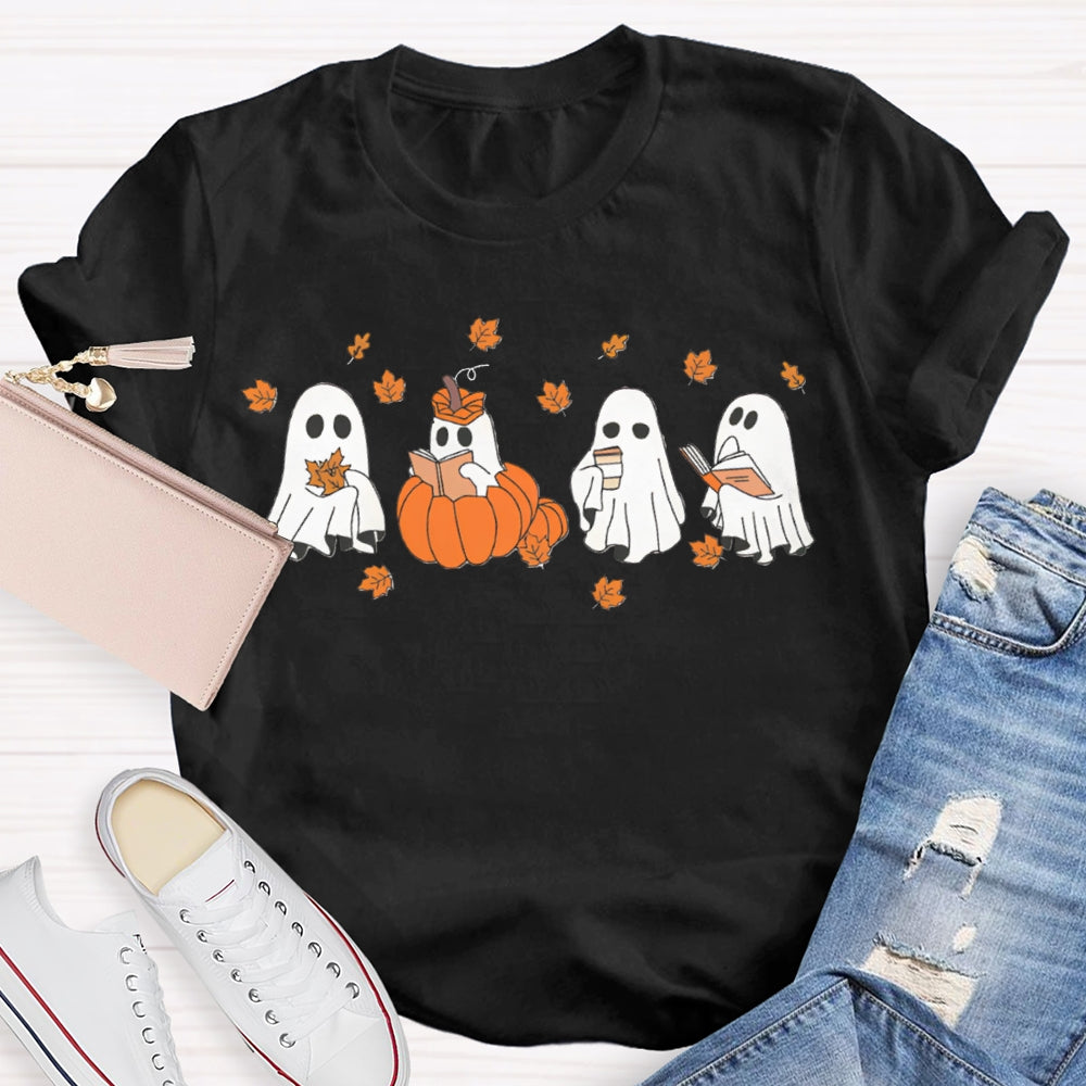 A Group Of Cute Little Ghosts Readin Funny Halloween T-shirt