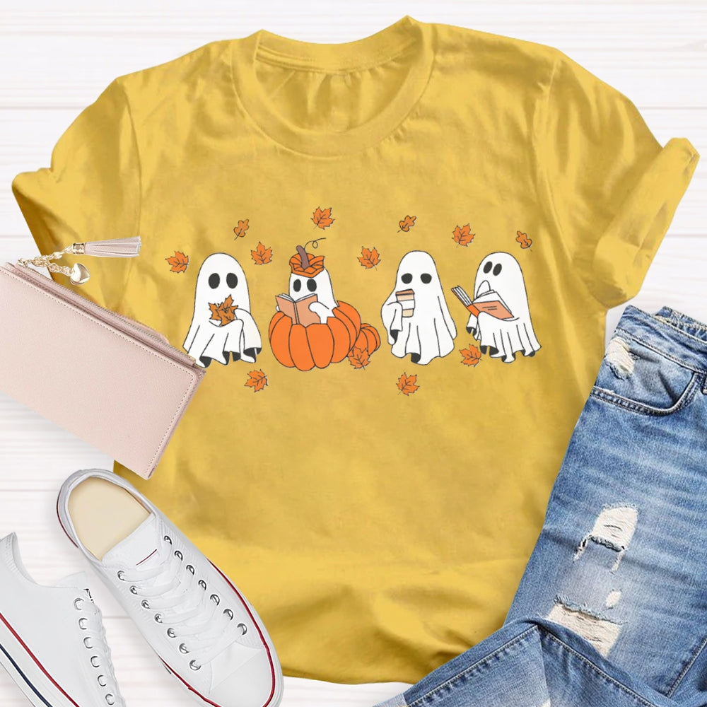 A Group Of Cute Little Ghosts Readin Funny Halloween T-shirt