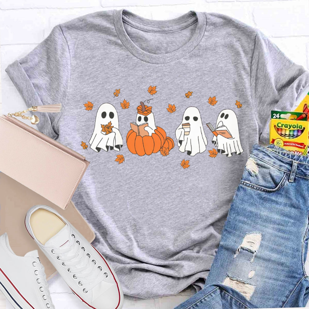 A Group Of Cute Little Ghosts Readin Funny Halloween T-shirt