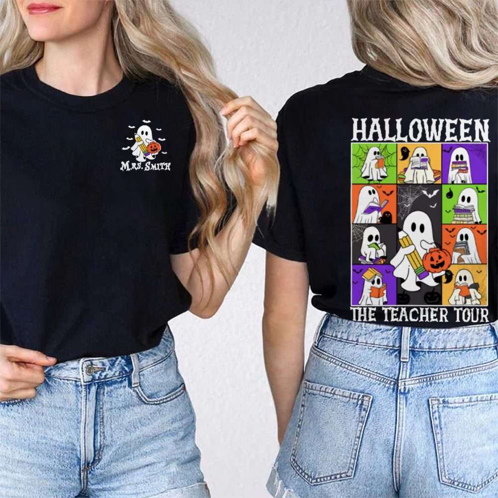 Personalized Name Halloween The Teacher Tour Double Printed T-shirt