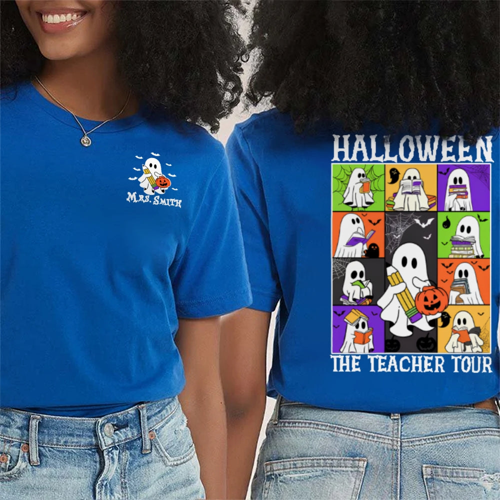 Personalized Name Halloween The Teacher Tour Double Printed T-shirt