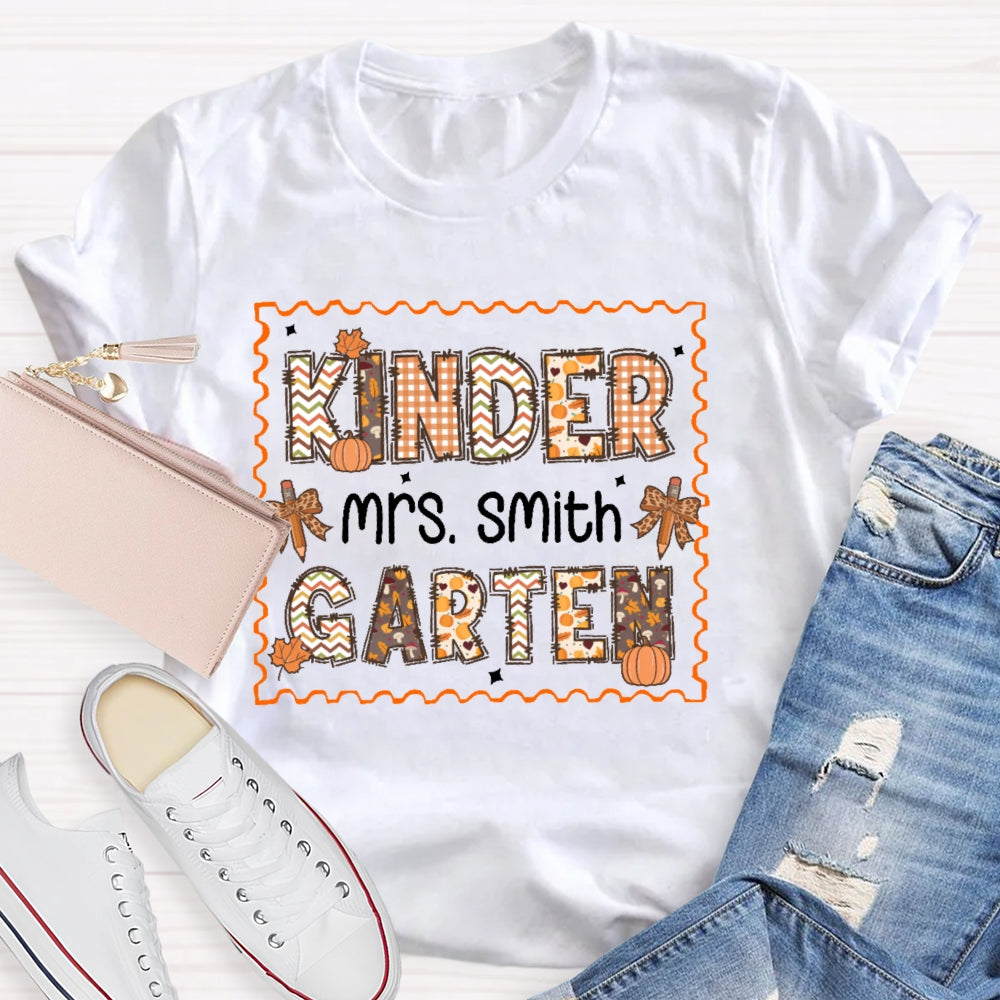 Personalized Name and Grade Kindergarten Autumn T-shirt