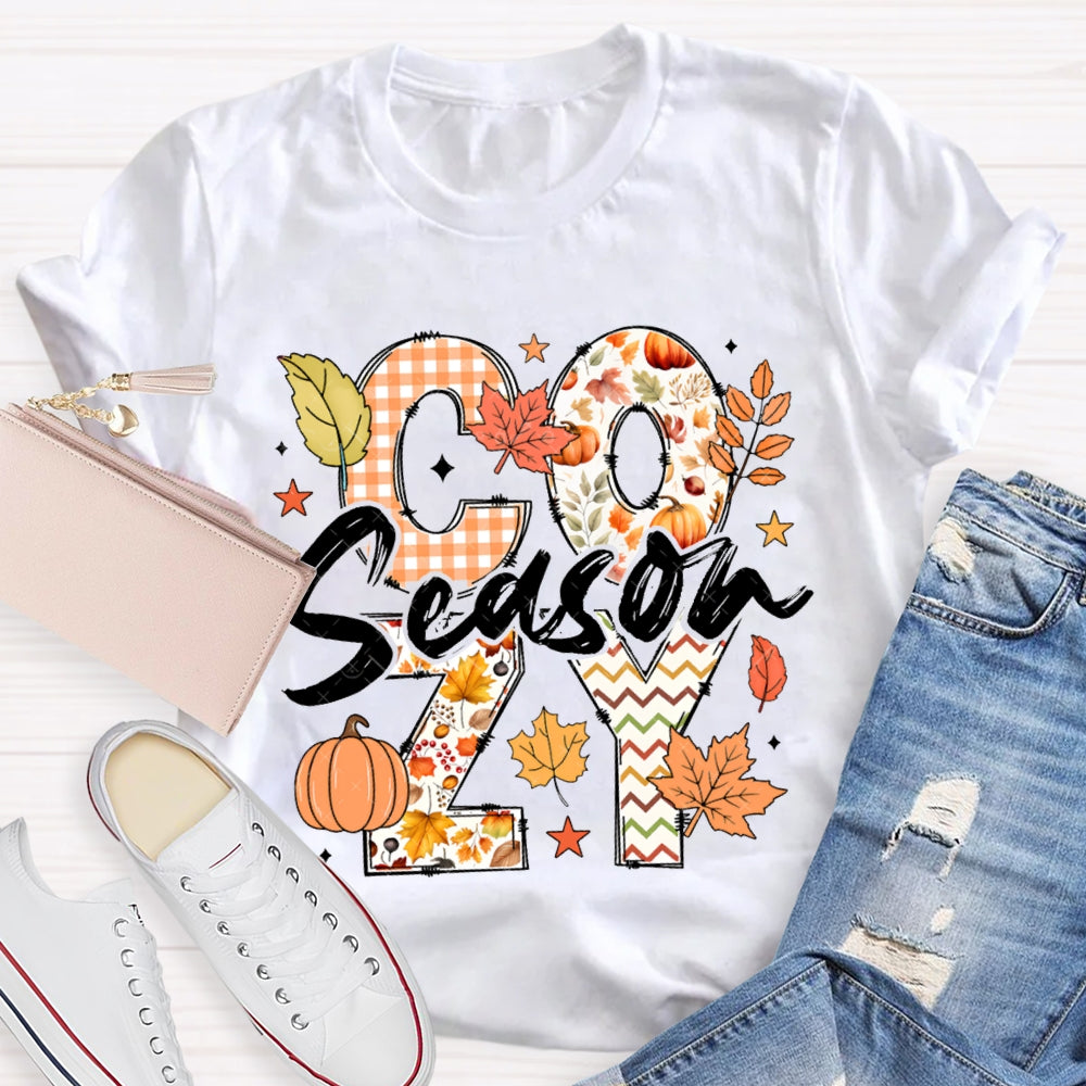 Cozy Season Pumpkin Maple Leaves And Colorful Fonts T-shirt