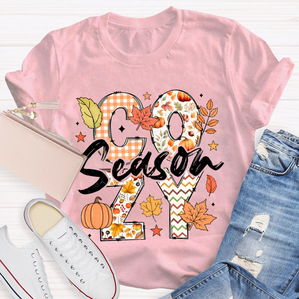 Cozy Season Pumpkin Maple Leaves And Colorful Fonts T-shirt