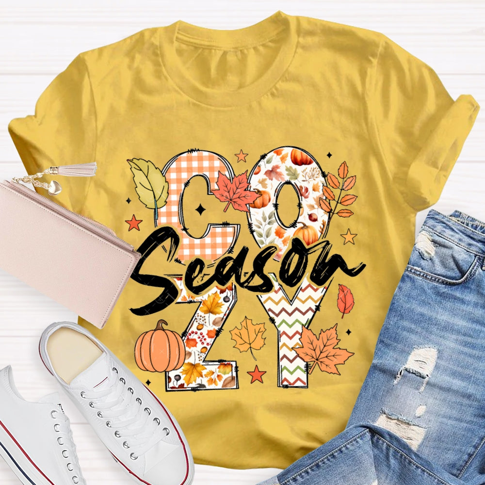 Cozy Season Pumpkin Maple Leaves And Colorful Fonts T-shirt